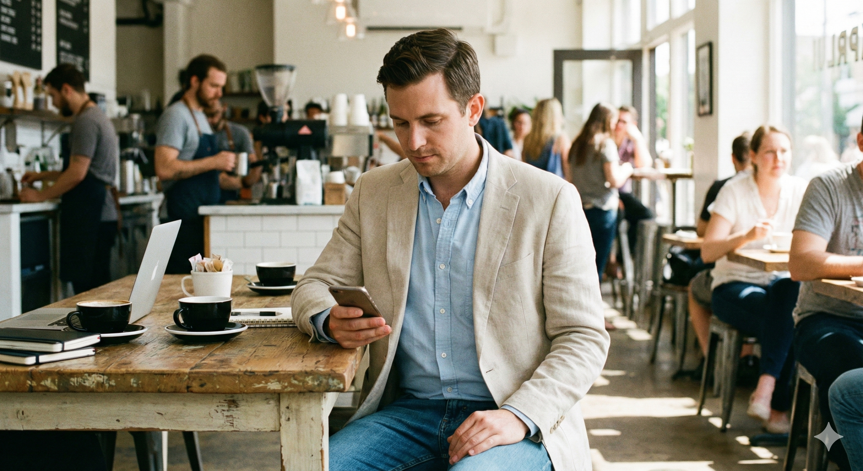 Man working on a laptop with charts in the background.